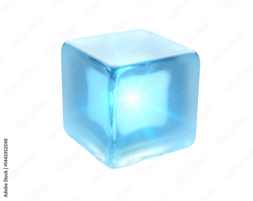 Poster captivating image of a luminous ice cube emanating a gentle azure light, presenting an ethereal and 
