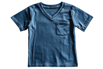 Stylish denim blue kids v neck t shirt with pocket studio shot on black background perfect for on transparent background