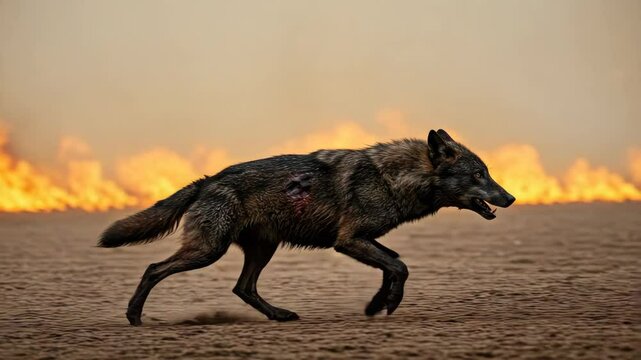 Lone Wolf Running Through Wildfire - A dark-colored wolf with a visible wound runs across a barren landscape with a raging wildfire in the background. The scene evokes a sense of danger and survival.