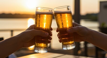 Two people toasting beer glasses outdoors at sunset with water in background.