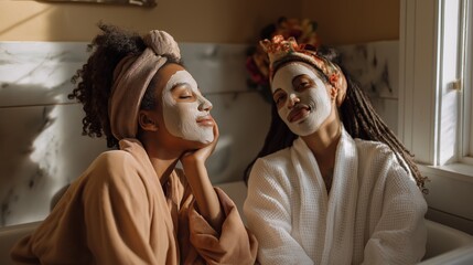 Two African American female friends share laughter and joy during a spa day at home. They wear facial masks and cozy robes, embodying relaxation and friendship as they enjoy each other's company