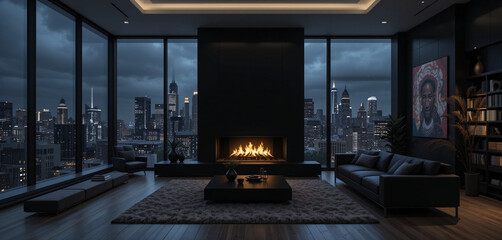 Luxury Modern Black Interior with Fireplace, Overlooking Dramatic New York City Skyline Generative AI	