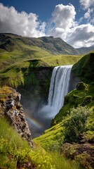 Majestic waterfall cascading down green mountains, a vibrant rainbow arches over the falls