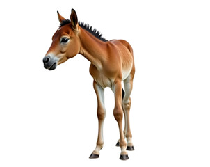 Fototapeta premium Captivating portrait of a young foal with exceptionally long legs, showcasing its graceful stance and innocent charm against a contrasting setting