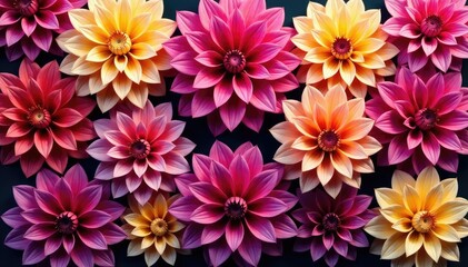 Obraz premium Intricate dahlia blooms, vibrant hues, repeating pattern, closeup, dahlia