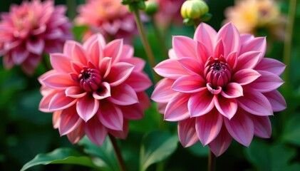 Fototapeta premium Intricate dahlia blooms, vibrant petals, lush foliage , botanical, pink, pattern