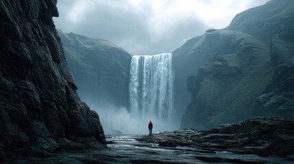 Majestic waterfall cascading through a dramatic mountain gorge. A lone figure stands in awe