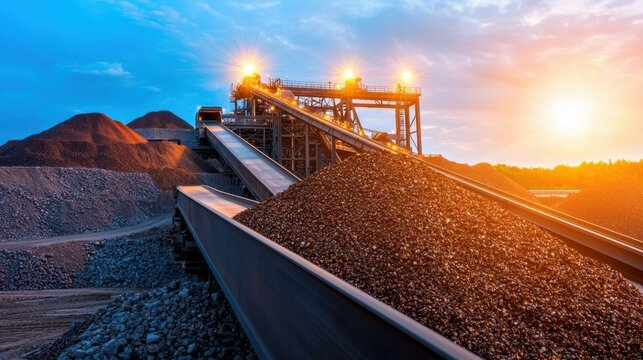 Rare Earth Industrial Concept, Large Scale Rare Earth Processing Plant with Conveyors at Sunset in Industrial Landscape