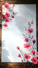 Watercolor floral frame with red flowers on a white textured background wood planks and gentle light