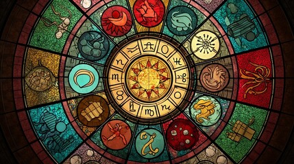 Obraz premium Colorful stained glass zodiac wheel depicting astrological signs and symbols in a circular design
