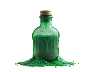 Captivating still life of a ghastly green potion bottle with dripping liquid against a stark background, perfect for fantasy or magical themed projects