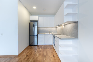 Modern Home Kitchen With Stainless Steel Appliances and Wooden Flooring