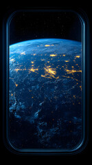 Earth view through a window in space a horizon curves beyond the atmosphere City lights form patterns