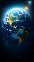 Naklejka premium Earth viewed from space showing continents illuminated Light from the sun and stars is visible in the background