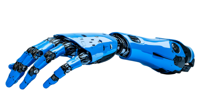 Detailed blue robot arm isolated, cut out transparent
