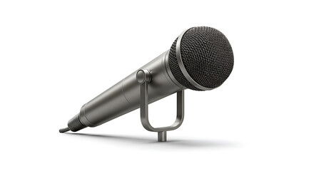 Studio Microphone: Silver Metal, Woven Black Head, Isolated on White.