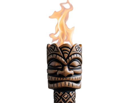 Captivating Tiki Torch with a Dynamic Flame, A Symbol of Island Culture and Warmth Against a Neutral Background, Perfect for Summer Celebrations and Tropical Ambience