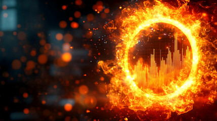 Fototapeta premium Fiery ring frames rising data bars glowing fiercely against dark backdrop Particles float adding ethereal touch