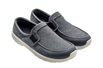 Stylish perforated slip on shoes perfect for summer comfort sleek dark grey design with off on transparent background