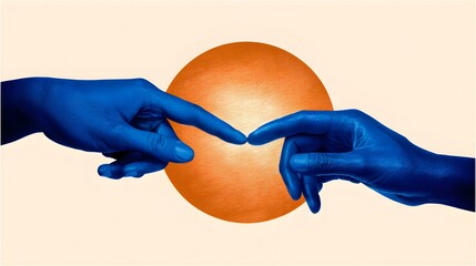 An artistic representation featuring two blue hands reaching towards each other in front of an orange circular background.