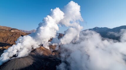 Obraz premium Rare Earth Industrial Concept, Aerial View of Smelting Plant with Steam Emission Against Clear Blue Sky and Mountains in Background