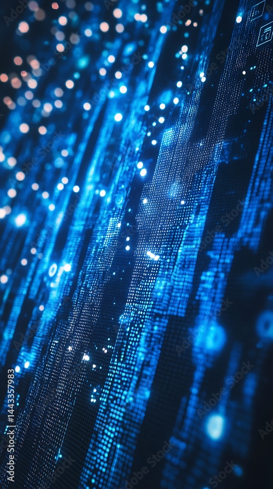 Fototapete Abstract Blue Data Stream Grid Network with Glowing Points Futuristic Technology