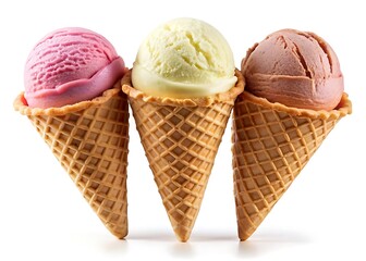 Waffle cone with three scoops of ice cream stacked vertically isolated on white background