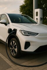 Naklejka premium Close-Up White Electric Car Charging at Station