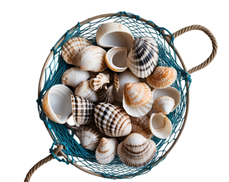 Charming composition of marine treasures, A captivating array of seashells nestled within a vibrant blue fishing net, evoking the essence of coastal serenity