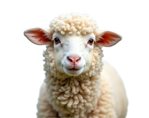 Obraz premium Charming Close-Up Portrait of a White Farm Sheep with Soft, Puffy Wool, Capturing its Innocent Expression and Gentle Nature in Striking Detail and Isolation