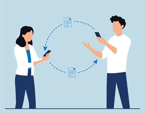 Illustration of a data transfer between two mobile phone users vector art