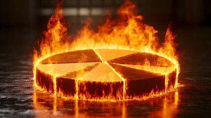 A pie chart on fire each section a different portion blazing on reflective surface