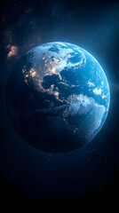 Obraz premium Blue planet in space with city lights shining stars in the background