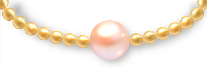 Vector realistic illustration of a luxurious pearl necklace with golden beads and a large pink centerpiece pearl. Ideal for jewelry, accessory, and fashion design projects