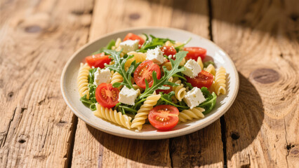 Fresh Mediterranean Pasta Salad with Cherry Tomatoes, Feta Cheese, and Arugula on Rustic Wooden Table