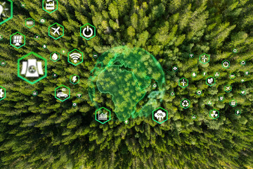 Icon reduce CO2 emission concept on the top view of the forest for environmental, Sustainable...