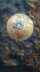 Depicts an Earth-like object set against a textured dark backdrop seemingly made of rock and molten material