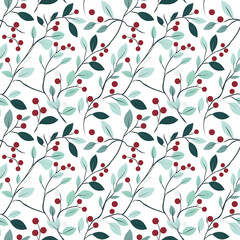 Seamless botanical pattern with red berries and green leaves on white background, elegant minimalist nature-inspired design for fabric, wallpaper, or wrapping