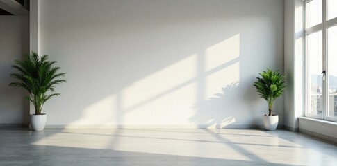 Large expanse of bare wall in modern office setting, background, large, modern office space