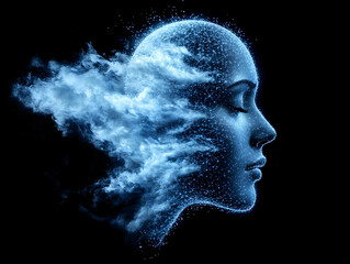 Digital profile of a face with network connections and cloud-like formations on a black background