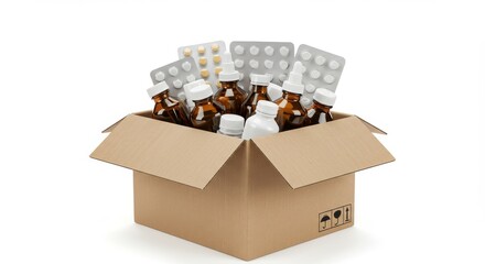 Pills and bottles in box isolated on white background