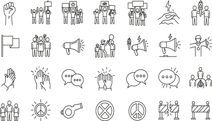 Protest, activism line icon set. Vector pictograms of raised fists, placard, march, demonstration, civil rights, freedom of speech