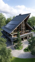 Fototapeta premium Modern chalet nestled in a forest, featuring a pitched roof, large windows, and solar panels
