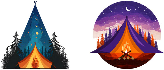 choice of 2 summer camp icons -round and triangle - isolated over white (transparent) background