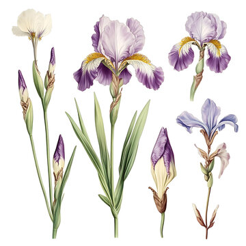 Vintage iris flower set with buds and leaves, detailed botanical illustration of purple and blue irises isolated on black background, elegant floral clipart collection