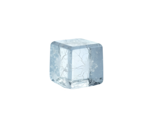 Close up view of a single frosty ice cube with intricate internal cracks and partial transparency, perfect for illustrating coldness, purity and natural beauty