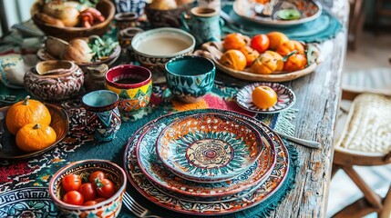 boho breakfast with vibrant handmade tableware, colorful patterns, eclectic style, cozy morning light 