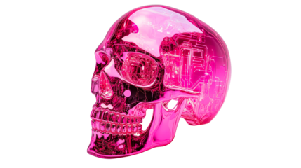 Pink human skull with circuits, cut out transparent