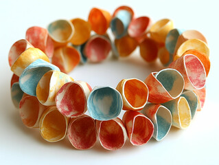 Colorful paper cones arranged in a circle on white background forming a unique textured pattern