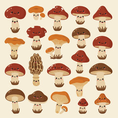 Cute cartoon autumn mushrooms collection. Fall forest mushrooms harvest in simple flat style